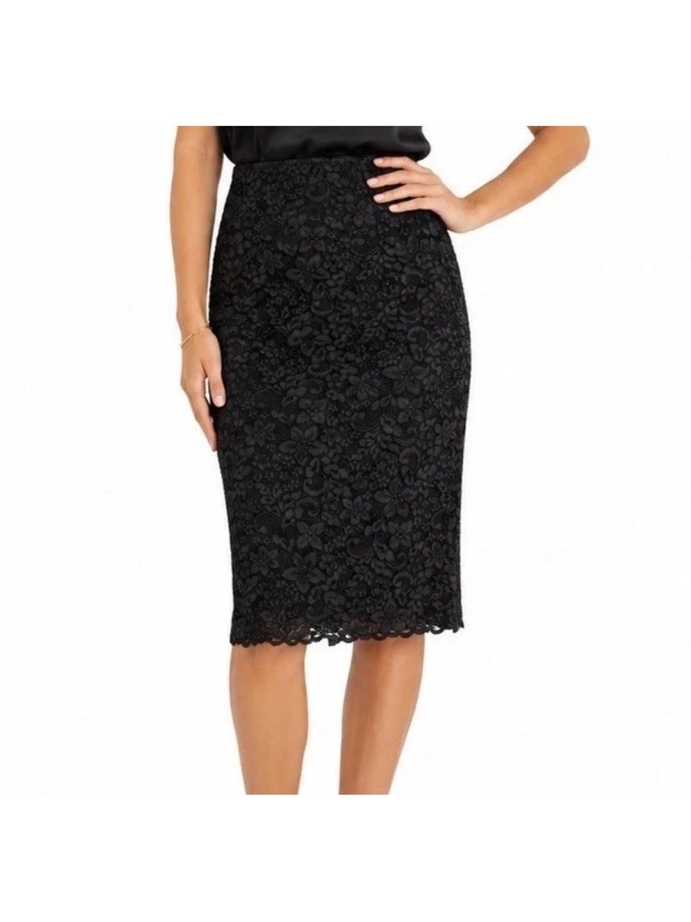 Rickie Freeman Teri Jon Black Scalloped Lace Pencil Skirt Floral Women’s Size 6